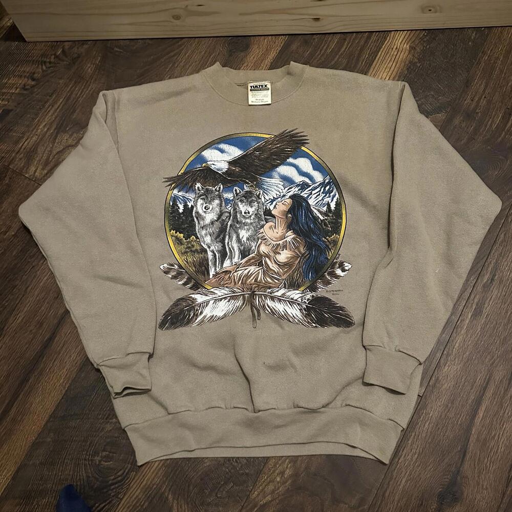 Vintage Indian Sweatshirt Men Med Green Crew Neck Sweater Wolf Native USA 90s